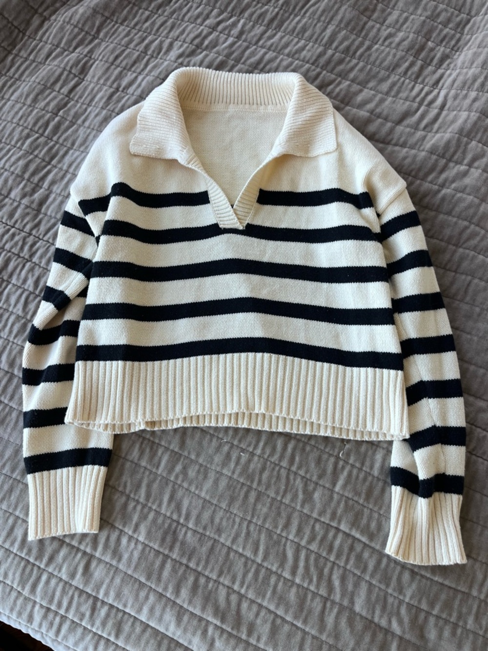 Cider Cream & Black Cropped Striped V‑Neck Collared Sweater